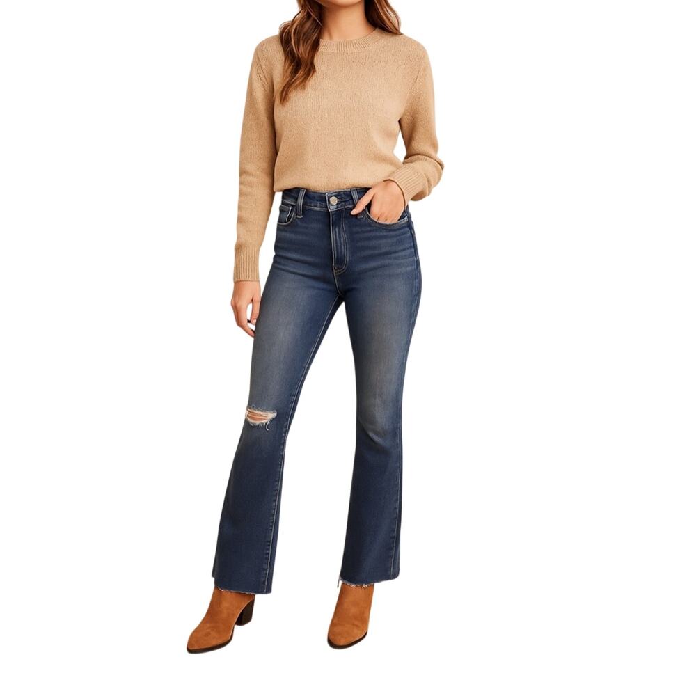 15. Express High-Rise Flare Jeans – Distressed Knee, Raw Hem Size 4